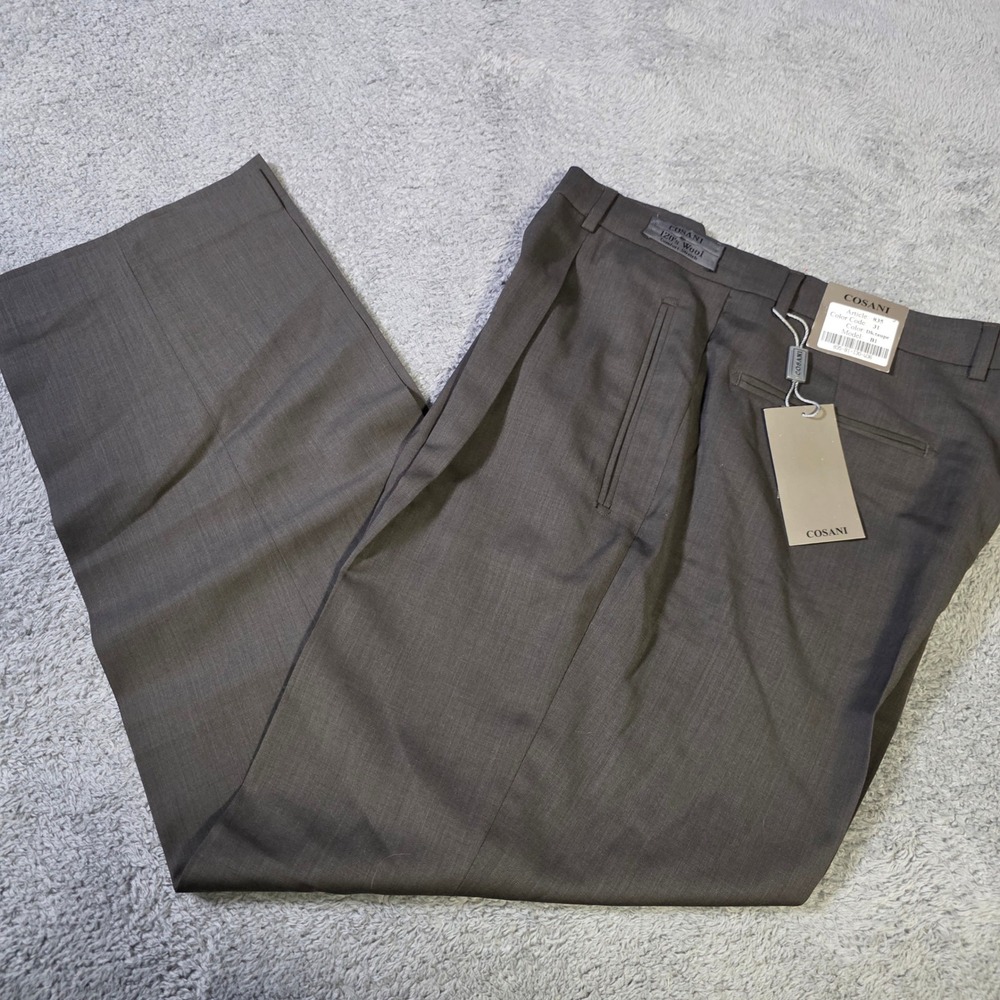 Cosani Mens 36x30 Dress Pants Dark Taupe Super 120s Wool Pleated Comfort Stretch